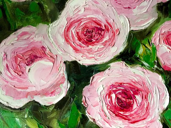 Roses in bloom, garden, oil painting on canvas.