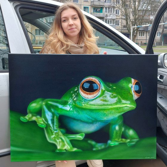 Green frog art, hyperrealism,  hyperrealistic artwork,  realism acrylic painting