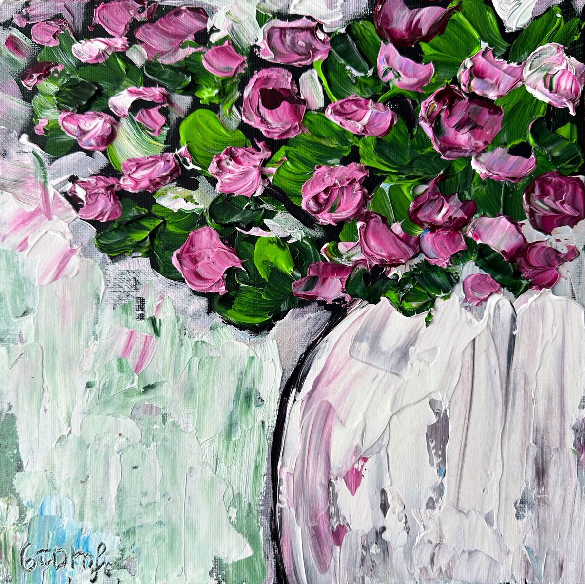 Impressionistic Botanical Acrylic Painting By Oksana Fedorova, 10 X 10", Pink Mini Rose Acrylic, Original Artwork