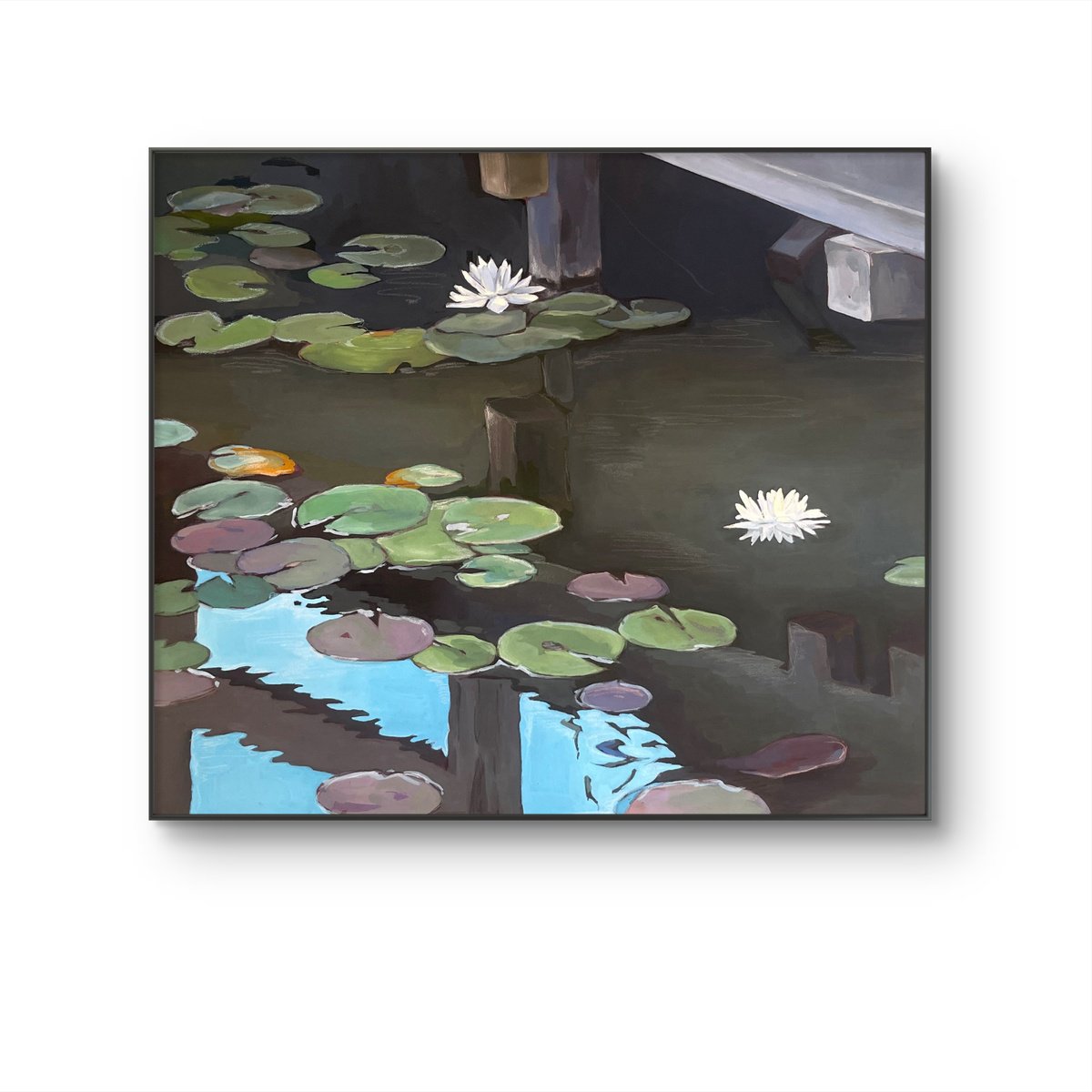 Graphic Landscape Painting By Guzel Min, 18 X 16, Under The Bridge. Water Lilies, Original Artwork
