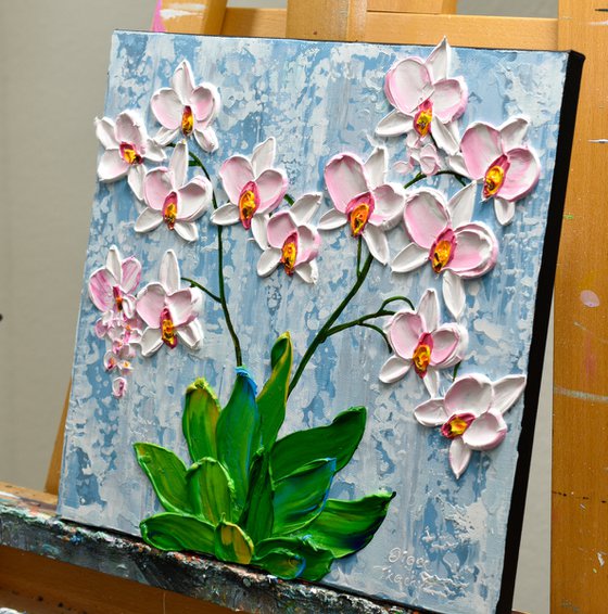 Winter Orchid - Impressionist Flower Painting, Palette Knife Art