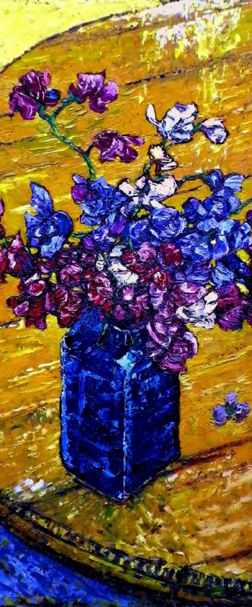 Sweetpeas in blue glass with an Iris by Richard Meyer