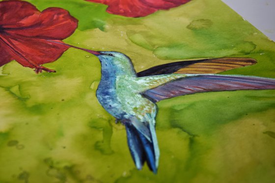 Hummingbird Watercolour Painting, Flower Original Artwork, Tropical Home Decor