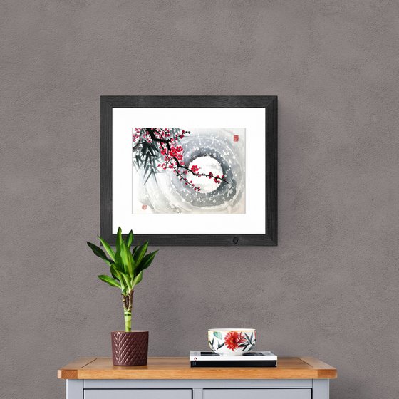 Red plum, bamboo and moon  - Oriental Chinese Ink Painting