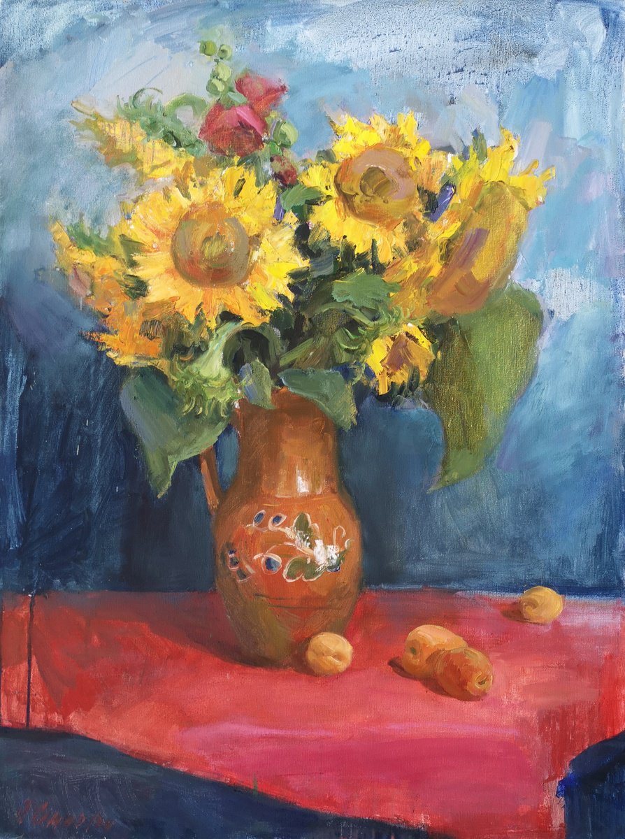 Impressionistic Botanical Oil Painting By Olga Samar, 24 X 31", Sunflowers And Apricots, Original Artwork