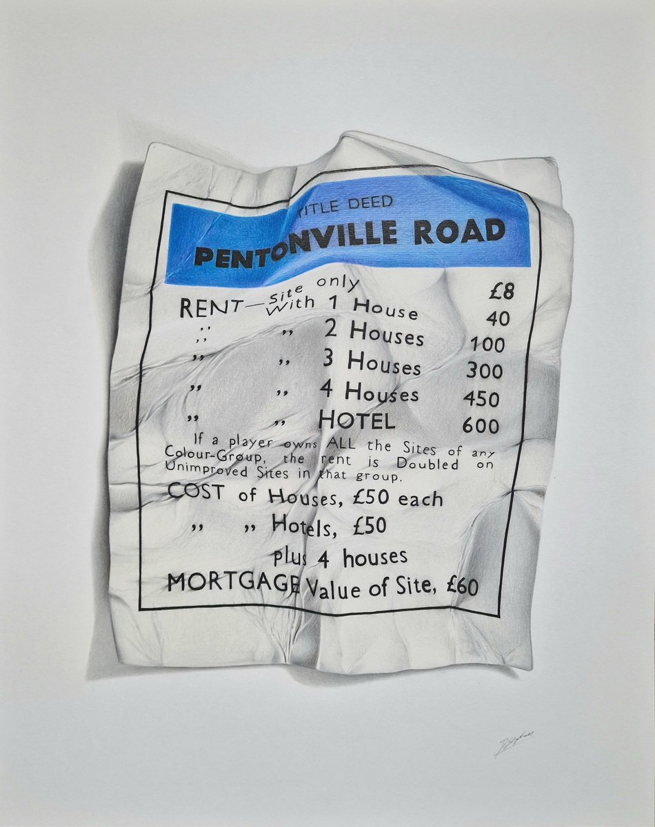 Photorealistic Still Life Pencil Drawing By Daniel Shipton, 16 X 20, Monopoly: Pentonville Road, Original Artwork