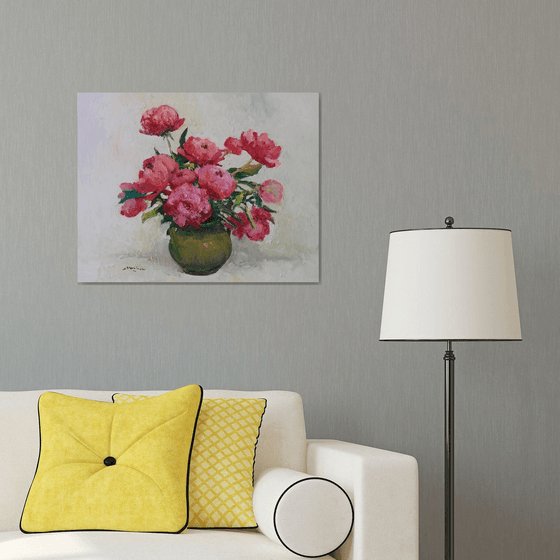 Peonies in Olive Green Vase