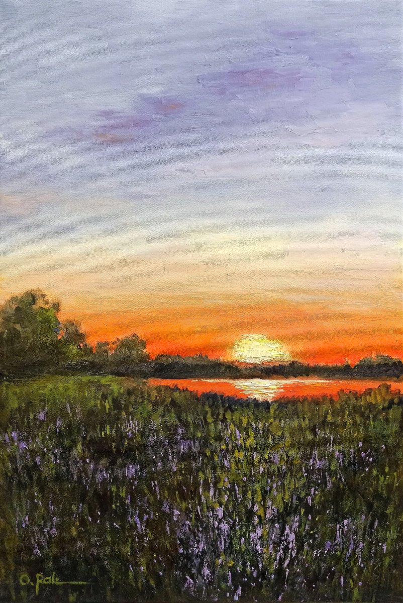 Impressionistic Landscape Oil Painting By Oleh Rak, 16 X 24", Impression. Warm Evening, Original Artwork
