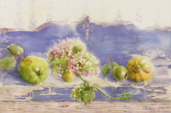 Still Life With  Hydrangea And Apple quince