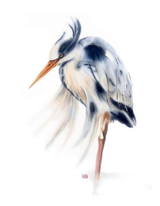 Grey heron - 22 x 29 in (56 x 76 cm) - Grey Heron Original Watercolor