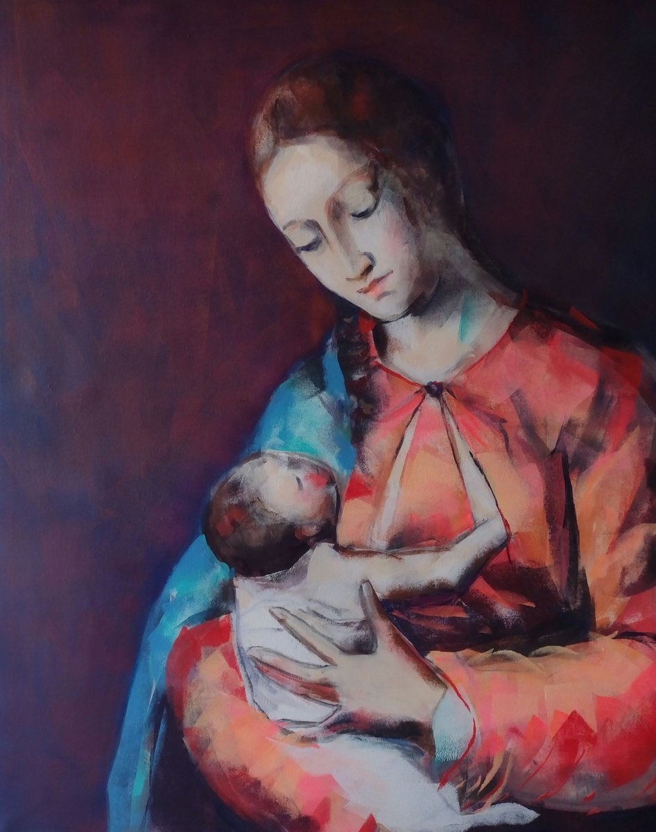 Expressive Portrait Acrylic Painting By Marina Del Pozo, 32 X 39", Mannerist Madonna, Original Artwork