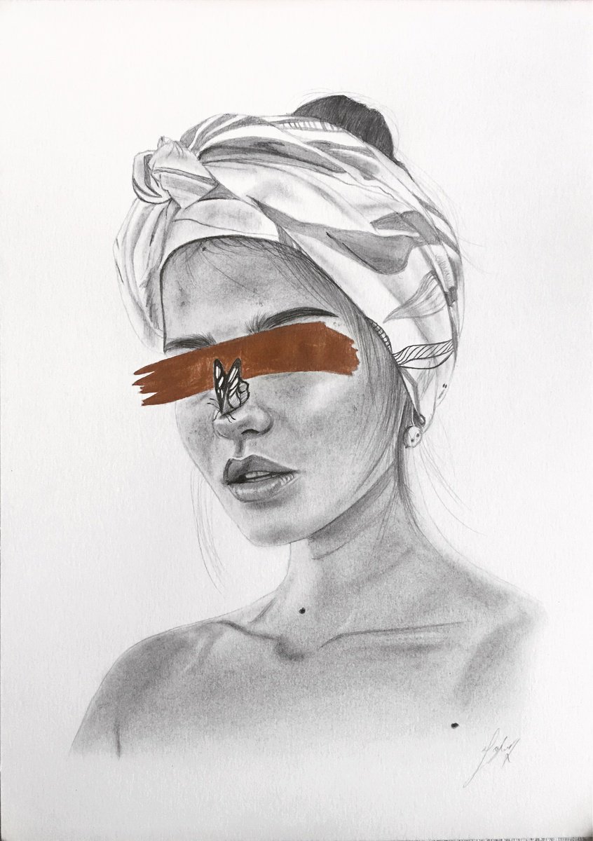 Photorealistic Portrait Pencil Drawing By Amelia Taylor, 8 X 12, Blindfold And Butterfly, Original Artwork