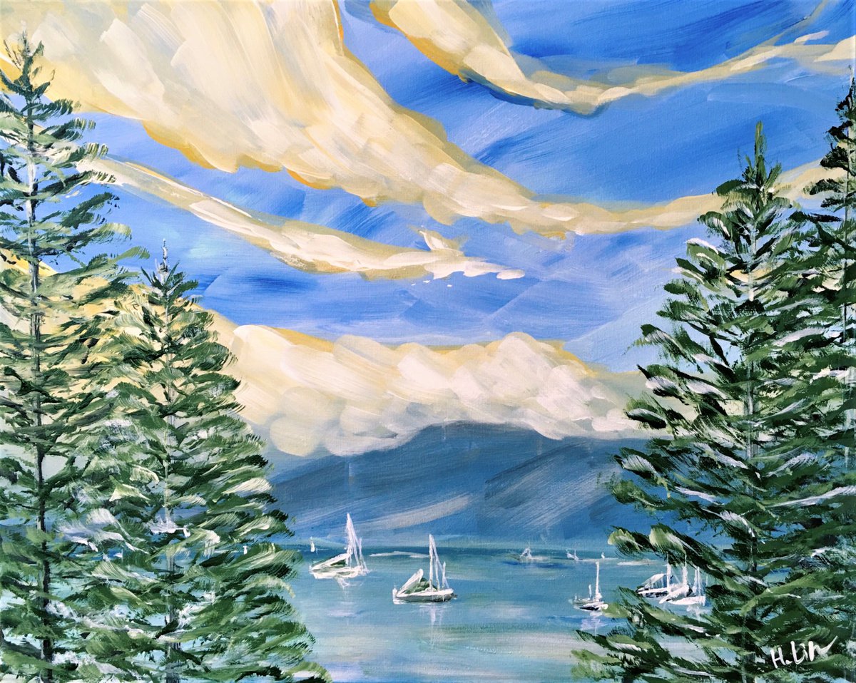 Expressive Landscape Acrylic Painting By Hsin Lin, 20 X 16, Sail Away With Me, Original Artwork