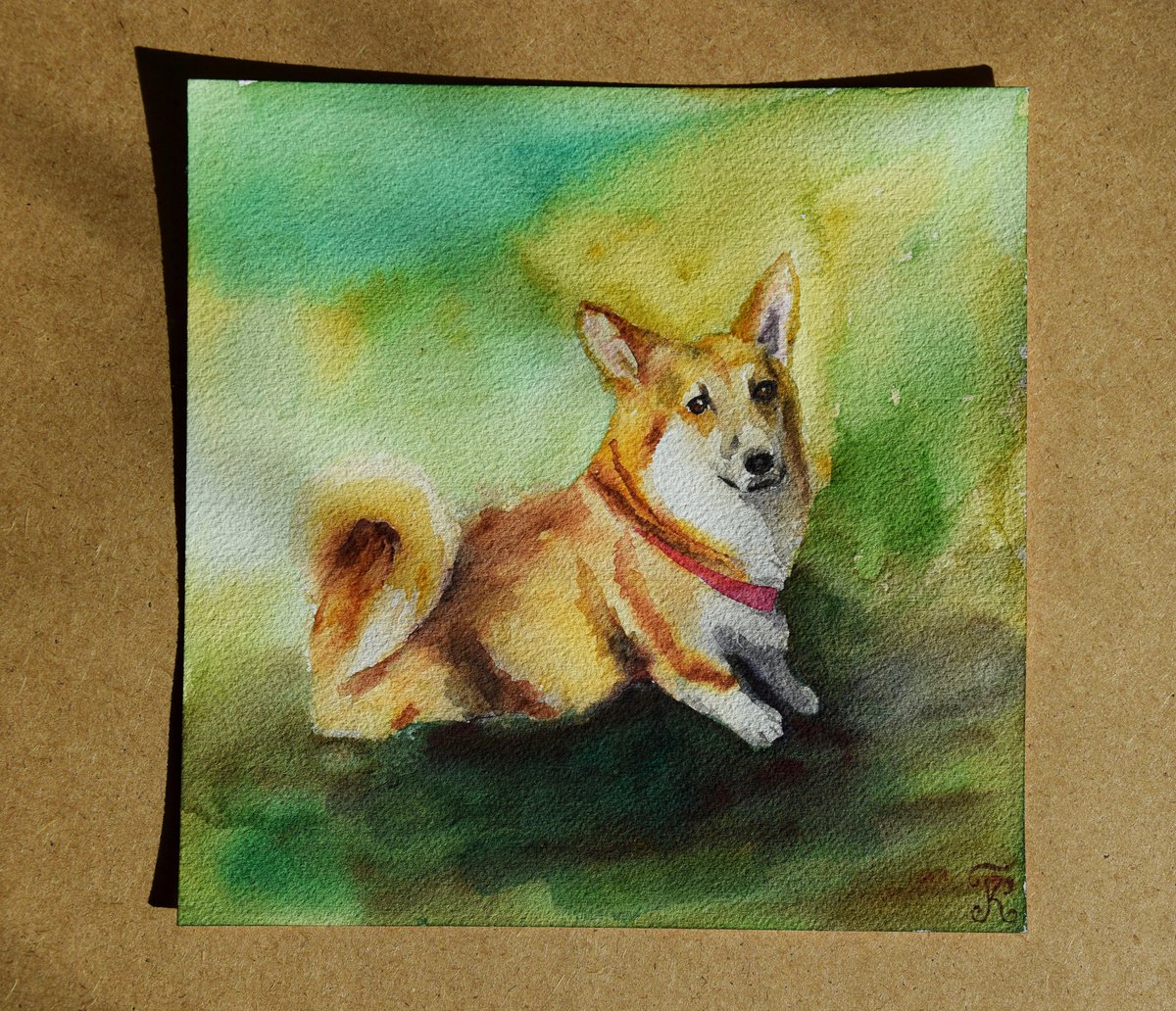 Welsh corgi puppy. Stylized watercolour digital illustration of a