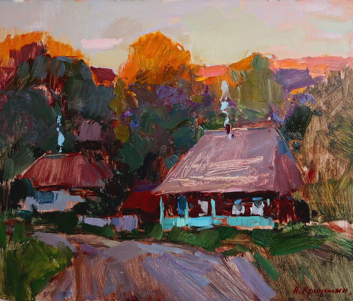 Impressionistic Landscape Oil Painting By Aleksandr Kryushyn, 15 X 13, Quiet Evening, Original Artwork