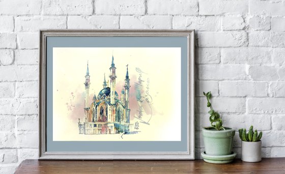 "Kul Sharif Mosque, Kazan, Russia" architectural landscape - Original watercolor painting