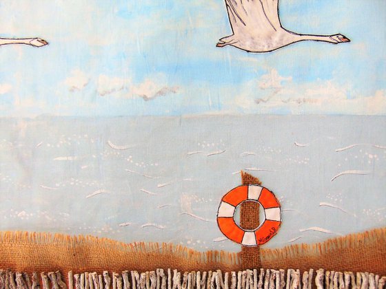 "Coming in to land" - large mixed media painting/collage on fabric