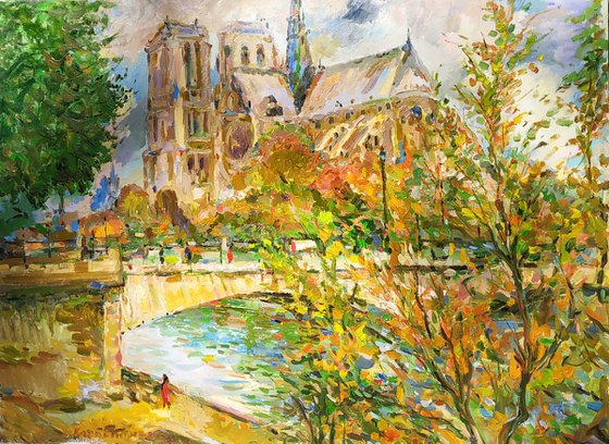 SUNNY DAY on CITE ISLAND, PARIS - Notre Dame - autumn landscape, original oil painting, city France, bridge Seine