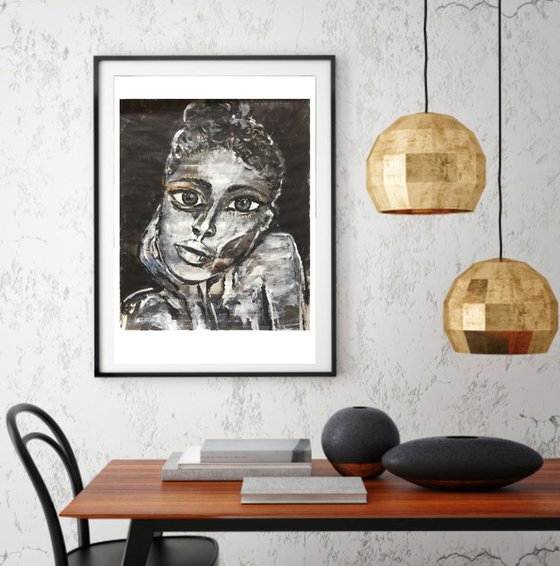 Thinking About You on Newspaper Woman Face Art Portraiture Beautiful Girl 37x29cm Black and White Artwork Gift Ideas Original Art Modern Art Contemporary Painting Abstract Art For Sale Free Shipping