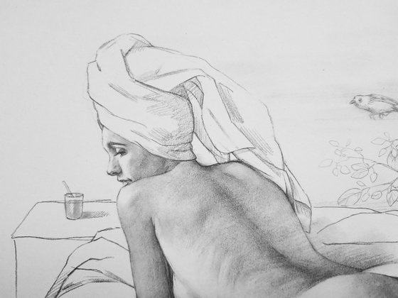 Birds and nude woman