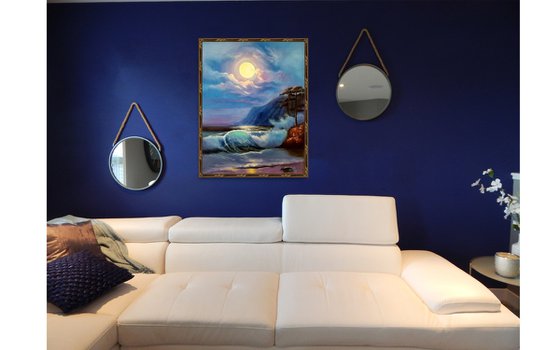 Moonlight Reflection. Original Oil Painting on Canvas. Sea Landscape. Tropical. Sky and Sea. Mother's Day Gift. Wall Art. Home Decor.