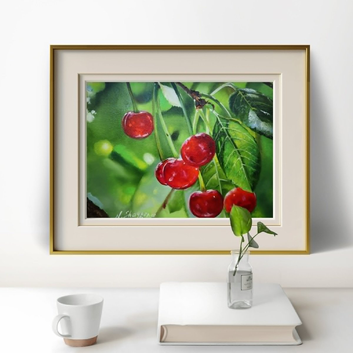 Photorealistic Oil Painting , Red Cherries On Branch By Natalia Shaykina, 9 X 7, Artwork For Sale On Artfinder