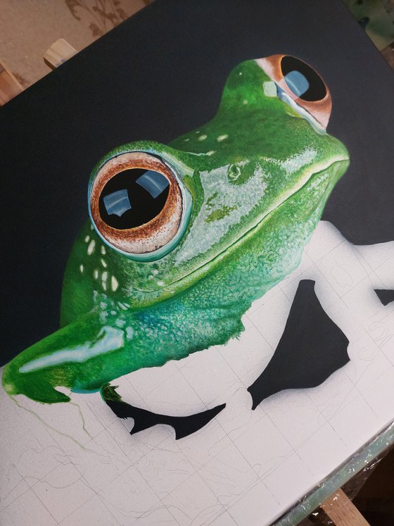 Green frog art, hyperrealism,  hyperrealistic artwork,  realism acrylic painting