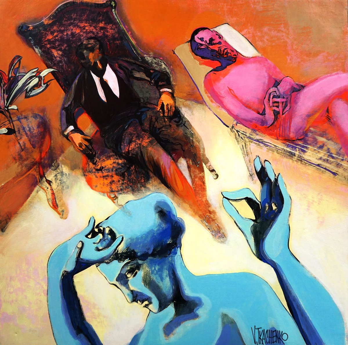 Organic Portrait Acrylic Painting By Victor Tkachenko, 22 X 22", Francesca And Elderly, Original Artwork