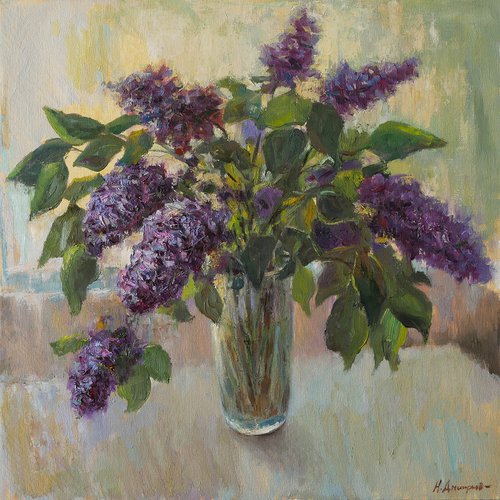 The Bouquet Of Lilacs Near the Light Window - floral still life, oil painting by Nikolay Dmitriev