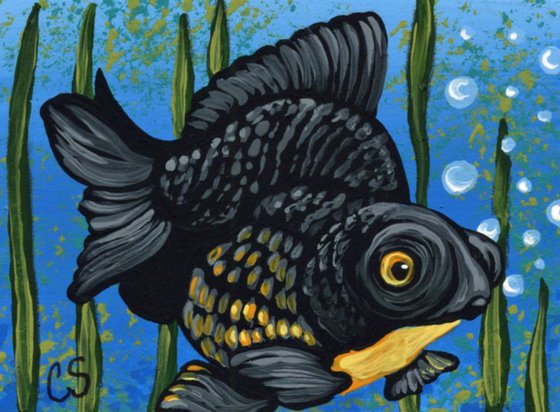 ACEO ATC Original Painting Black Moor Goldfish Pet Fish Art-Carla Smale