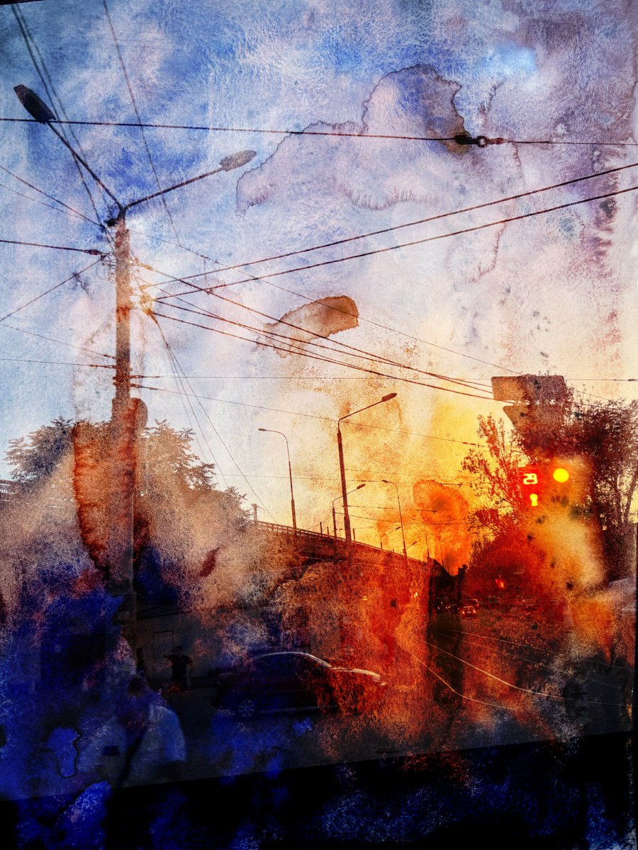 Expressive Cityscapes Giclee Print By Yuliia Sharapova, 17 X 22", Photocollage Night Cityscape, Original Artwork