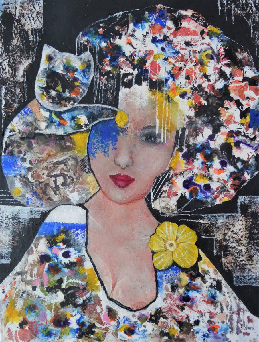 Expressive Portrait Acrylic Painting By Sylvie Oliveri, 28 X 35", Cache-Cache..., Original Artwork