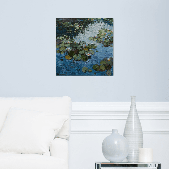 Water lilies  in pond. Original Oil painting