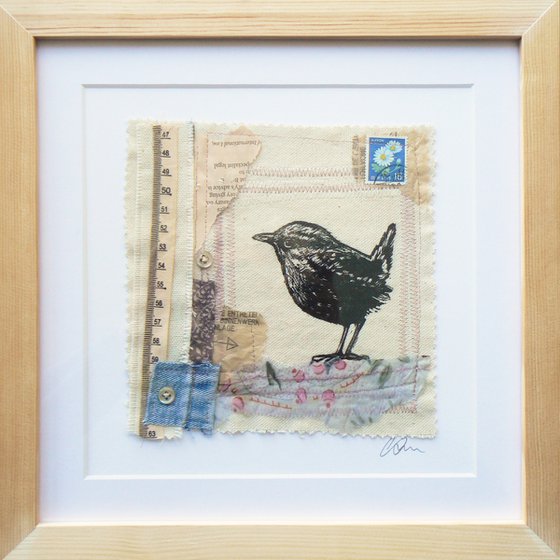 Little Jenny (Wren) textile and lino print stitched collage with buttons fabric and found papers