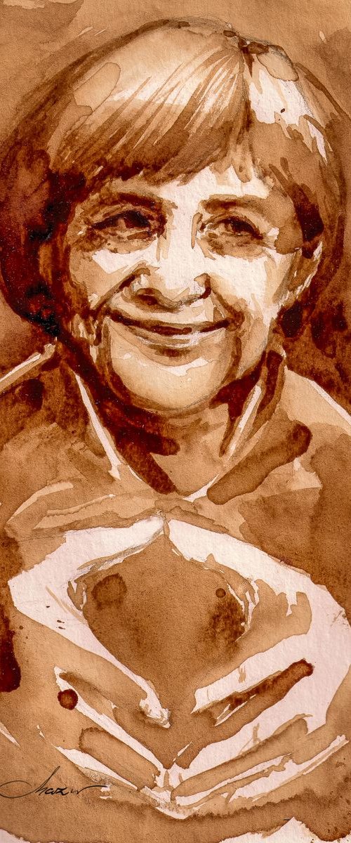 Portrait of Angela Merkel painted with coffee by Eve Mazur