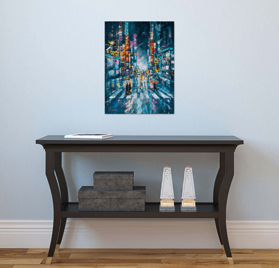 "Street of the night city" people with umbrella , original oil painting