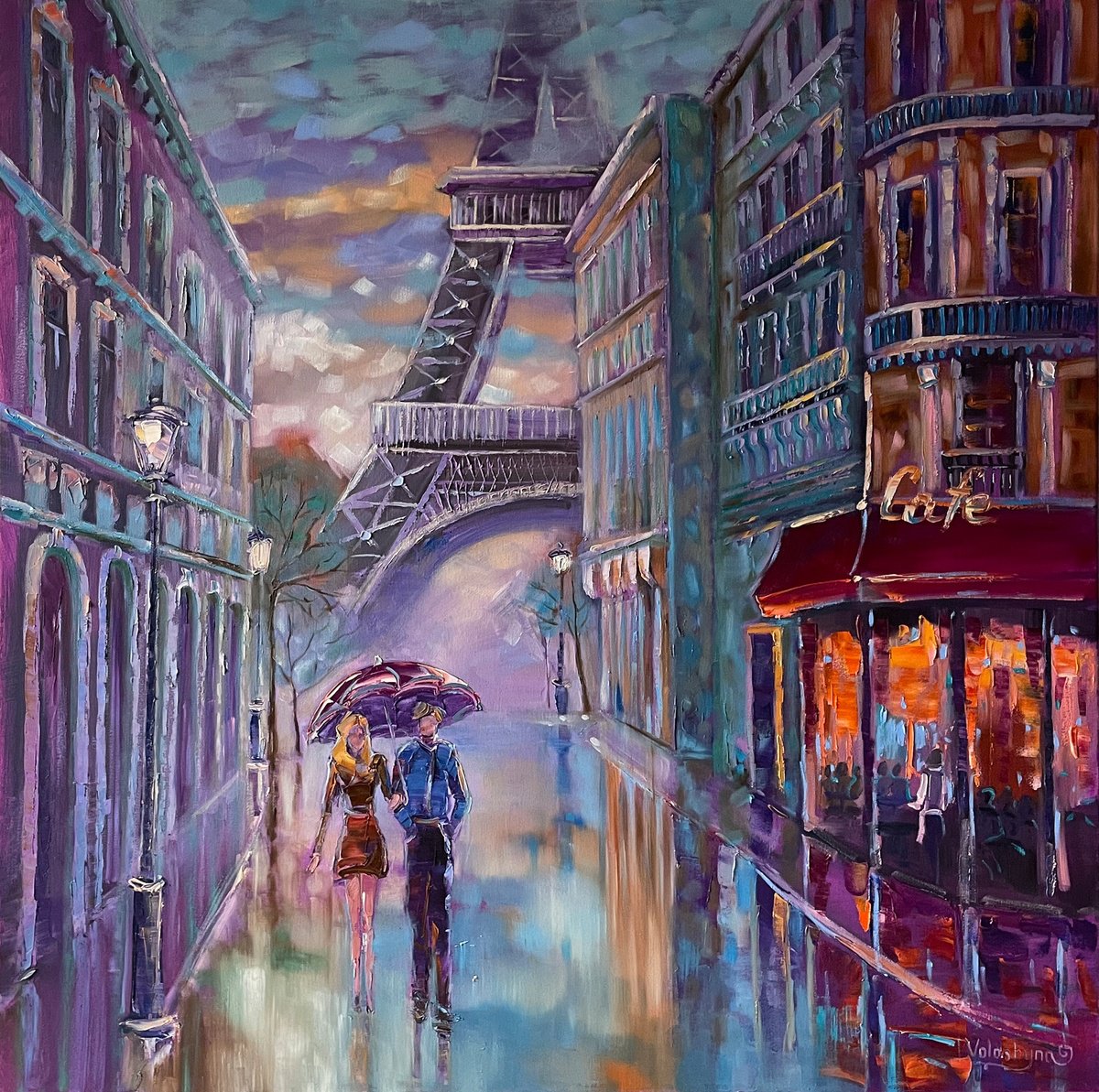 Impressionistic Cityscapes Oil Painting By Mary Voloshyna, 35 X 35", Walking In Paris (90X90Cm), Original Artwork