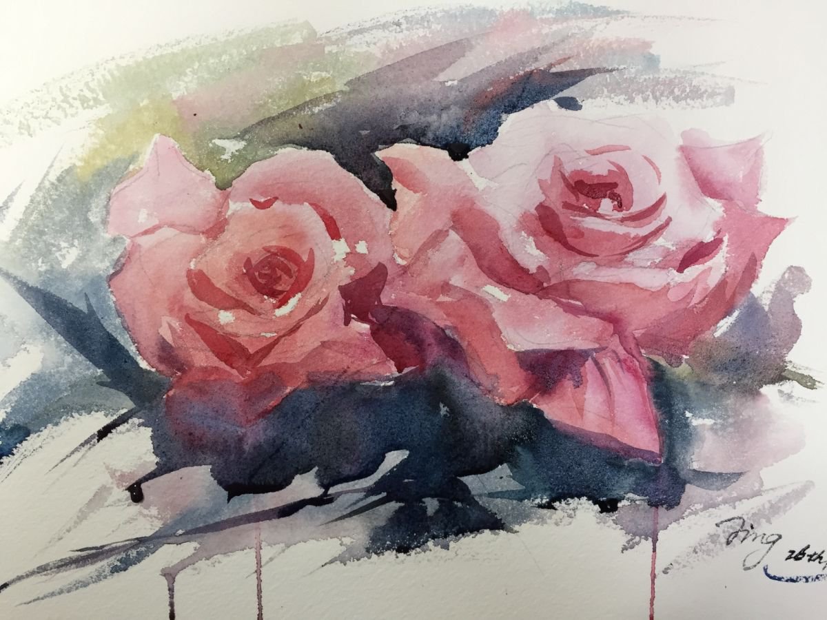 Impressionistic Botanical Watercolour By Jing Chen, 15 X 11, Twin Roses, Original Artwork