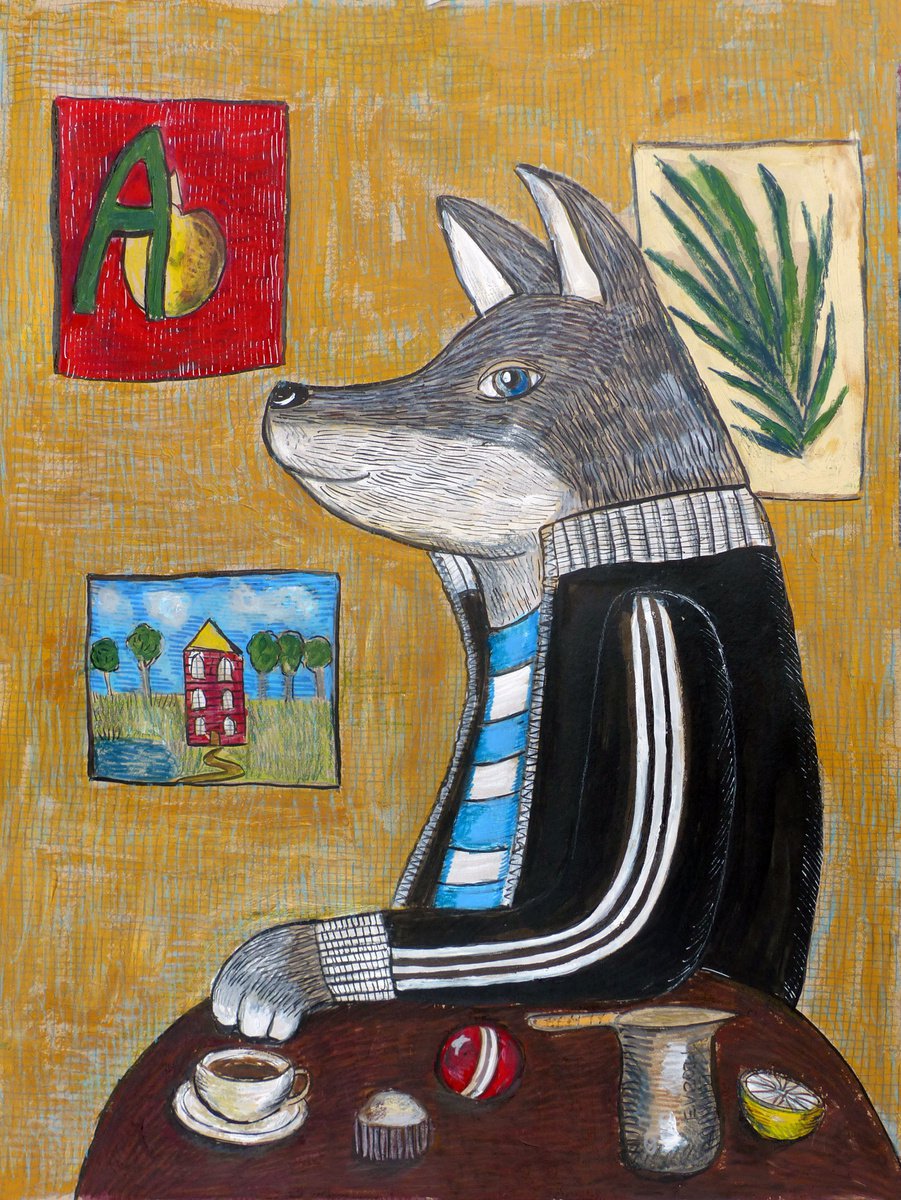 Naive Animal Painting By Elizabeth Vlasova, 18 X 24, Morning Coffee #3, Original Artwork