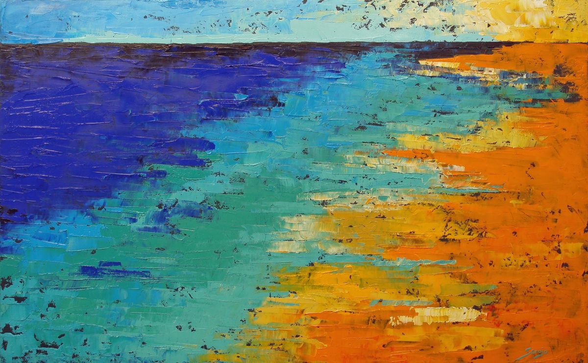 Abstract Landscape Oil Painting By Saroja Van Der Stegen, 26 X 17", Orange Beach (Ref#:1206-12M), Original Artwork