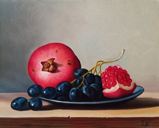 Still life with pomegranates and grapes (24x30cm, oil painting, ready to hang)