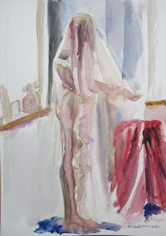 Standing nude under a veil