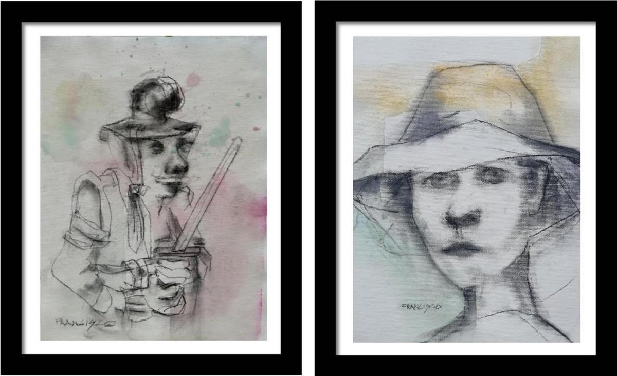 Expressive Portrait Charcoal Drawing By Francisco Santos, 24 X 14, Theater, Original Artwork