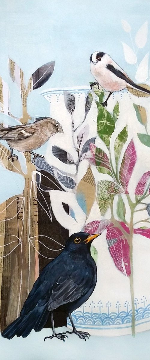 And the little bird said... ( China jug and birds mixed media painting ) by Carolynne Coulson