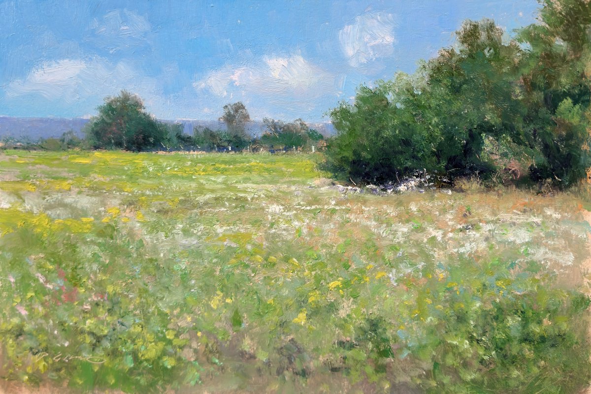 Impressionistic Landscape Oil Painting By Pascal Giroud, 12 X 8", Meadow In Provence, Original Artwork
