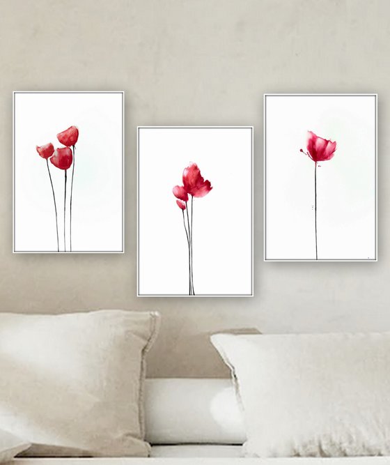 Poppies. Set of 3 Floral Artworks.