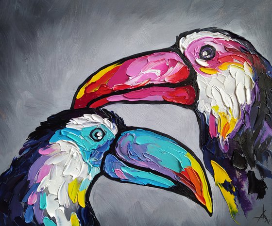 Toucan in love - toucan oil painting, toucan, animals, bird, birds oil painting