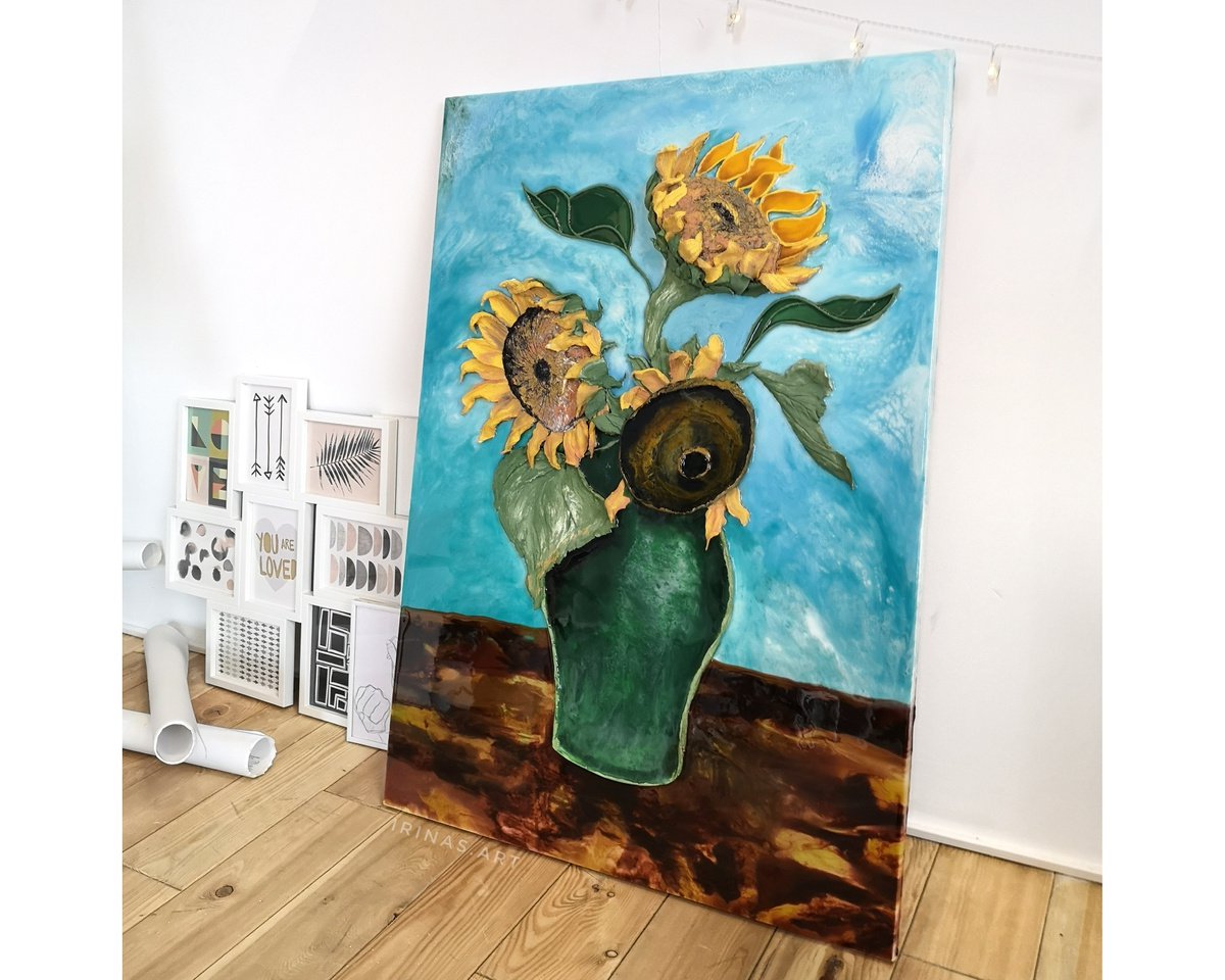 Yellow sunflowers in a vase - bright flowers in a large luxurious painting, turned from a... by Irina Stepanova