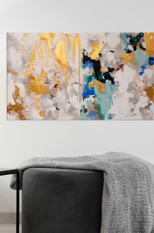 Abstract painting, Gold Blue art by Annet Loginova