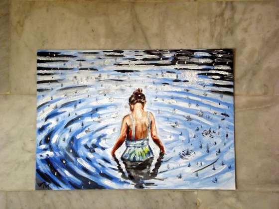 RAINY LAKE GIRL - Childhood Remembrance - Thick oil painting - 42x29.5cm